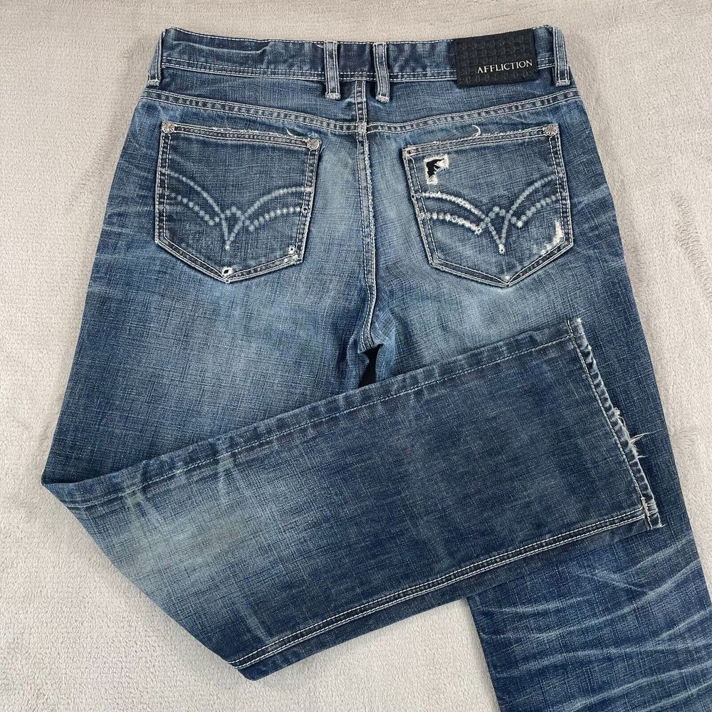 Affliction ACE Jeans Men 32x31 (tag 31) Blue Distressed Slim Straight Grunge‎
